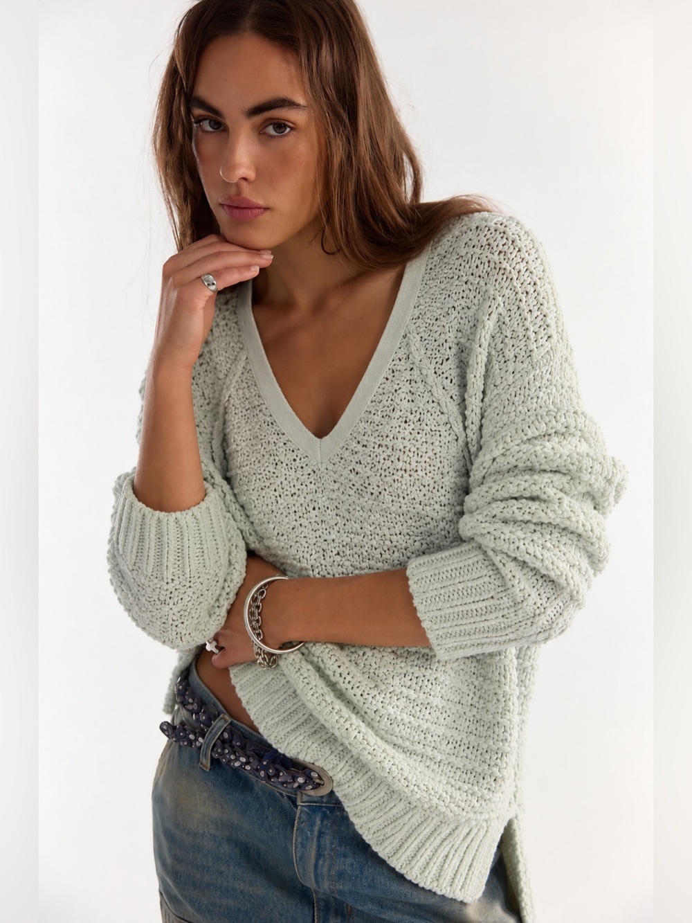 143. FREE PEOPLE Song bird knit Boucle mint green Vneck sweater